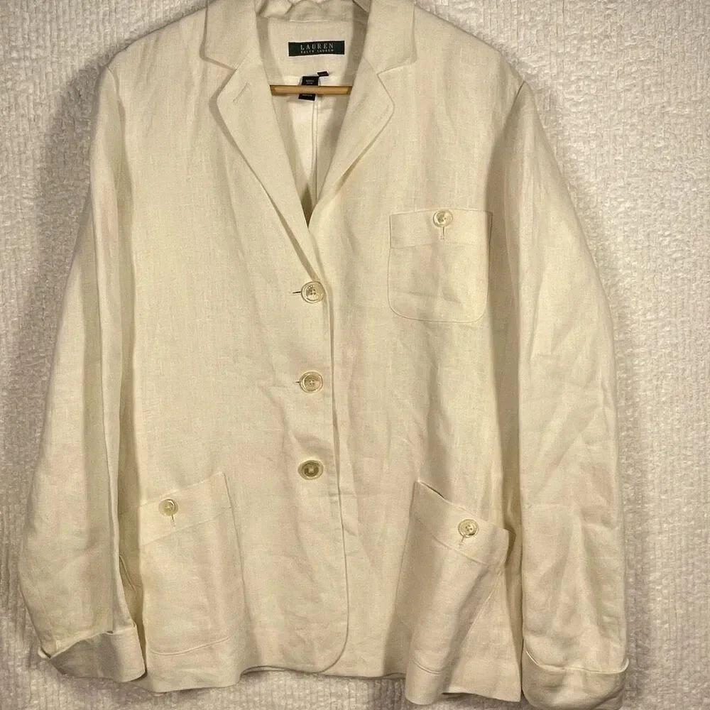 Lauren Ralph Lauren Cream Pockets Three Button Tweed Blazer Jacket Size 12